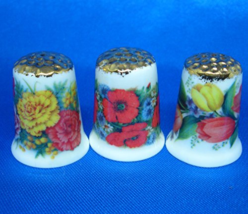 Birchcroft Porcelain China Collectable Thimbles - Set of Three Gold Show Flowers