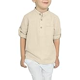 Arshiner Boys Cotton Linen Henley Shirt Button Down Shirt Long Sleeve T Shirt Beach Shirt Tee Casual Solid Tops