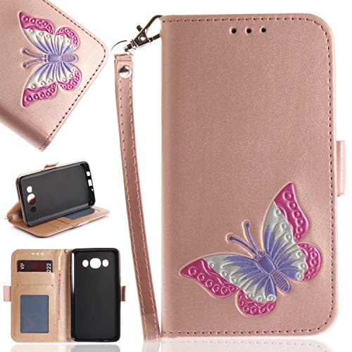 Galaxy J5 2016 Case, UNEXTATI Butterfly Embossing Design PU Leather Flip Wallet Cover Case with Card Holder for Samsung Galaxy J5 2016 (Rose Gold #1)