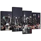 Wallfillers Canvas Pictures of New York Skyline for your Living Room - NYC Cityscape Prints - Modern Split Set of 4 City Canvases - Multi Panel - XL - 130cm Wide