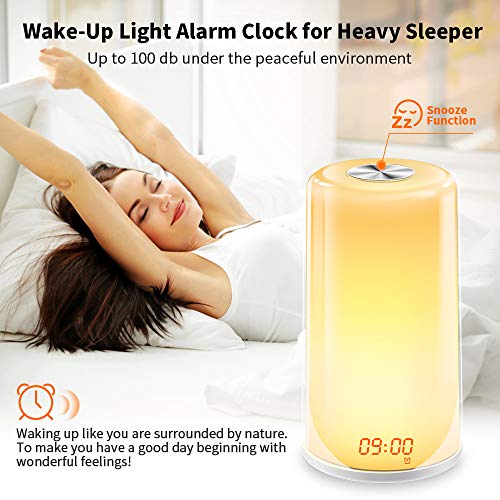 Wake-Up Light Alarm Clock- Sunrise Simulation Digital LED Clock with 5 Natural Sounds & Snooze Function for Heavy Sleepers - Touch Control Dimmable Bedside Lamp, 7 Colors Night Light for Bedrooms