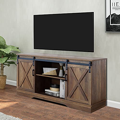 GHQME Sliding Barn Door Farmhouse TV Stand，58 Inch Storage Table，Wood