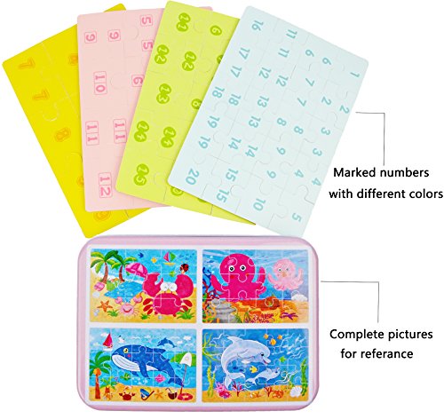 Vileafy Marine Organism Series Jigsaw Puzzle Sets, 4-Pack 4 Complexities, Best for 3-5 Years Old Babies to Develop Dexterity and Problem Solving, Free Iron Box for Easy Storage, 6 1/2" X 4 1/2".