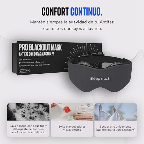 Sleep Ritual Antifaz para Dormir con Tecnología Blackout. Antifaz Premium con Copas Ajustables para Cero Presión Ocular y Tela Transpirable Amigable con la Piel con Velcro de firme fijación. Sleep Mask (Gris Oscuro)