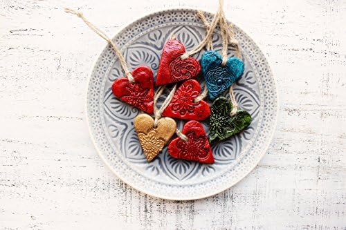 Set of 5 rustic RED heart ornaments rustic cottage chic shabby chic red brown wedding favours bridal shower birthday party favours Valentine's Mother's Day 11217-1