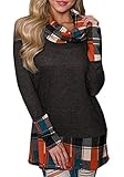 Gemijack Womens Cowl Neck Sweatshirt Pullover Hoodie Shirts Long Sleeve Plaid Raglan Tunic Tops