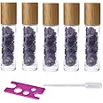 5 Pack 10ml Clear Roll On Bottles With Natural Chakra Crystal Chips for Essential Oils,Perfume Glass Roller Bottles Container Bamboo Lid,Crystal Roller,Pipette&Opener Included (Amethyst)