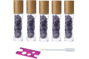 USROMMANER 5 Pack 10ml Clear Roll On Bottles With Natural Chakra Crystal Chips for Essential Oils,Perfume Glass Roller Bottles Container Bamboo Lid,Crystal Roller,Pipette&Opener Included (Amethyst)