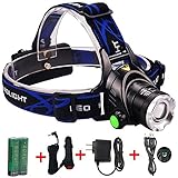 Waterproof LED Headlamp with Zoomable 3 modes 1200 Lumens light, hands-free headlight with Rechargeable batteries for biking camping hunting running rainy weather