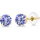 Gem Stone King Solid 14K Gold Genuine Natural Tanzanite Stud Earrings for Women Men | Gemstone Birthstone | Round 5MM | Gold Earrings | 1.00 Cttw