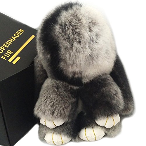 Valpeak Real Rabbit Keychain Fluffy Bunny Keychain Fur Bag Charms Cute Plush with Gift Box (Gray with black)