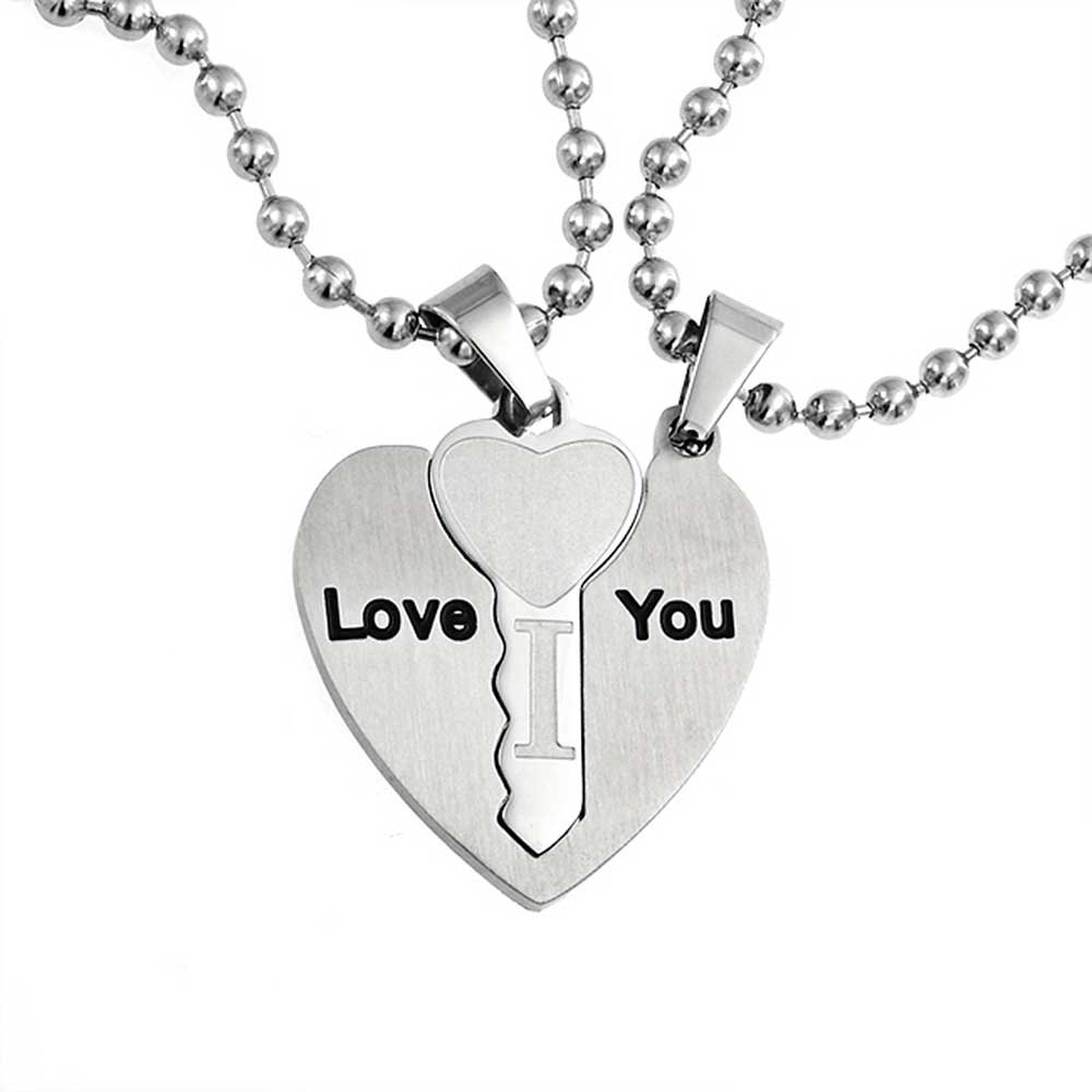 Bling Jewelry I Love You Couples BFF 3PC Puzzle Heart Interlocking Key Pendant Necklace For Women For Teen Stainless Steel