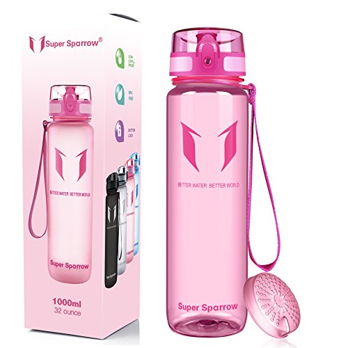 Super Sparrow Sports Water Bottle - Eco Friendly & BPA-Free Plastic - Fast Water Flow, Flip Top, Opens With 1-Click - Reusable with Leak-proof Lid (Bright-Pink, 350ml-12oz)