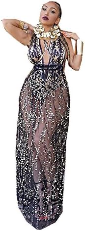 Star Han Women Deep V-neck Backless Sexy Mesh See Through Printing Sequins 2 Piece Set Club Dress (Medium)
