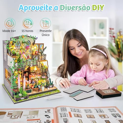 Kit DIY Casa Miniatura Jardim de Madeira Com Luz LED Modelo de Estufa Floral Brinquedo de Montagem Artesanal (Floral Casa Miniatura)