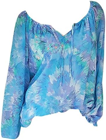 Leisuraly New Women's Multicolor Printed Bandage Long Sleeves Tops V-Neck Plus Size Loose Blouse Tie Bands Casual Tops