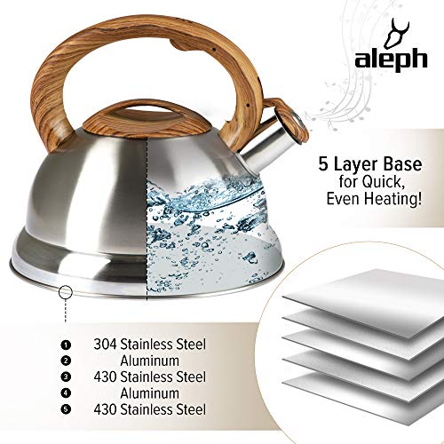 Whistling Tea Kettle with 5 Layer Bottom, 2.4 Quarts, Brushed Stainless