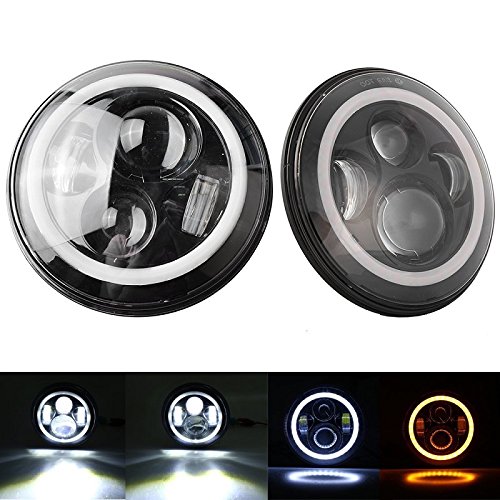 2pcs 7 Inch 75W H4 LED Headlights Daymaker Lamp Wrangler headlight With Angle Eyes 7" Round Headlamp