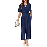 Cicy Bell Women's Elegant V Neck Jumpsuits Dressy Casual Short Sleeve Wide Leg Long Pants Rompers