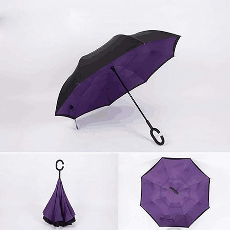 Double Layer Inverted Reversible No Drip Umbrella with C Shape Handle (Purple Color)