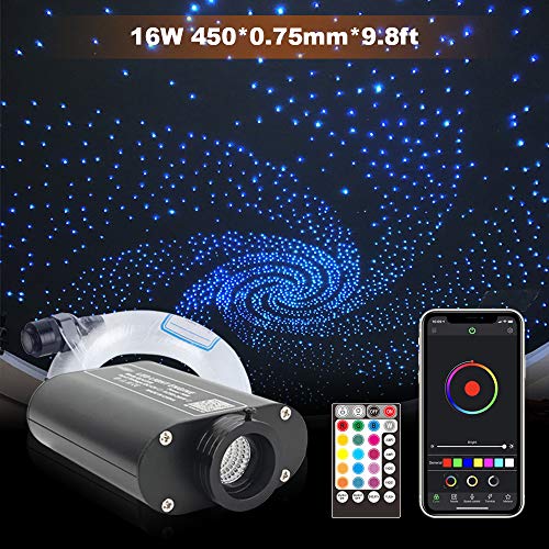 CHINLY Bluetooth 16W RGBW LED Fiber Optic Light, APP/Remote Sound Mode Star Ceiling Ligth Kit 450pcs 0.75mm 9.8ft/3m + 5 Crystals