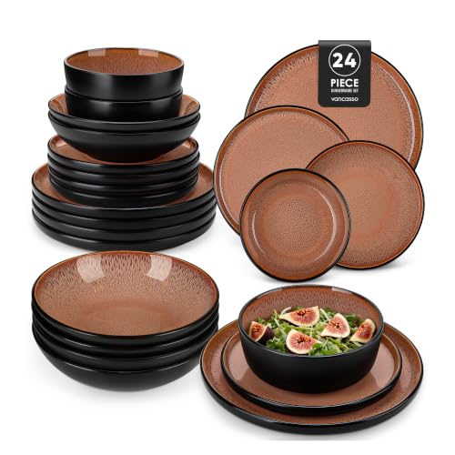 vancasso AMBER 6 Person Dinnerware Set, 24 Piece Stoneware Dinner Plates Set - Flat Plates, Dessert Plates, Pasta Bowls and Bowls - Microwave Safe - Red Glaze