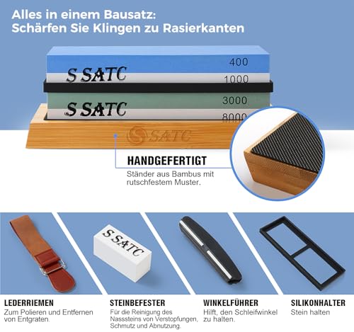 S SATC Premium Schleifstein Messer 400/1000/3000/8000 Körnung – Präzises Schärfen für Küchenmesser – Messerschleifstein Set thumbnail 2