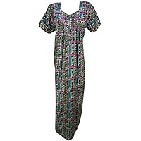 Mogul Interior Womens Caftan Maxi Dress Neck Embroidered Cotton Summer Kaftan Nightgown Nightdress L