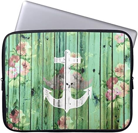 Laptop Sleeve 13/13.3 Inch, Vintage Floral Nautical Anchor Green Beach Wood Computer Sleeve Notebook/MacBook Pro/MacBook Air Laptop