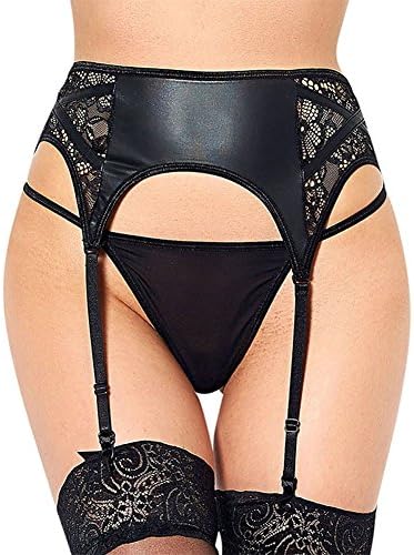 Sexycatty Womens Sexy High-Waisted Garter Belt Plus Size Faux Leather Black Lace Stockings Sets (US(6-8))
