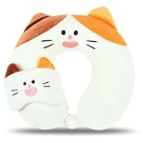 MissSoul Kids Neck Pillow for Travel with Sleep Eye Mask, Cute Travel Neck Pillow, Memory Foam Flight Sleeping Headrest Pillow for Boys & Girls, Airplane, Train, Car, Home Use - Tricolor Cat