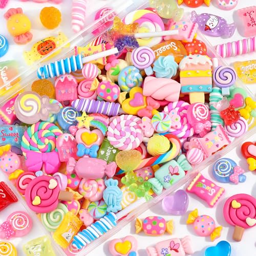 120Pcs Candy Slime Charms Assorted Cute Decoden Embellishments, Kawaii Slime Accessories,Bulk Lollipop Bow Rainbow Flatback Resin Charm for Phone Junk Cases,Scrapbooking Crafting & DIY Decoration