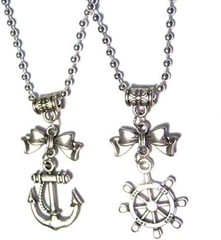 Bff's Anchor And Ship's Wheel With Bows Silver Plated Charm Necklace Set Of 2