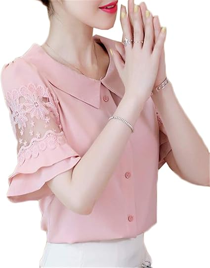 Amazon トナリ レディース シフォンtシャツ 半袖 カットソー ラペル ブラウス レース袖 フレア袖 着痩せ 夏 気質 ファッション Tシャツ カットソー 通販