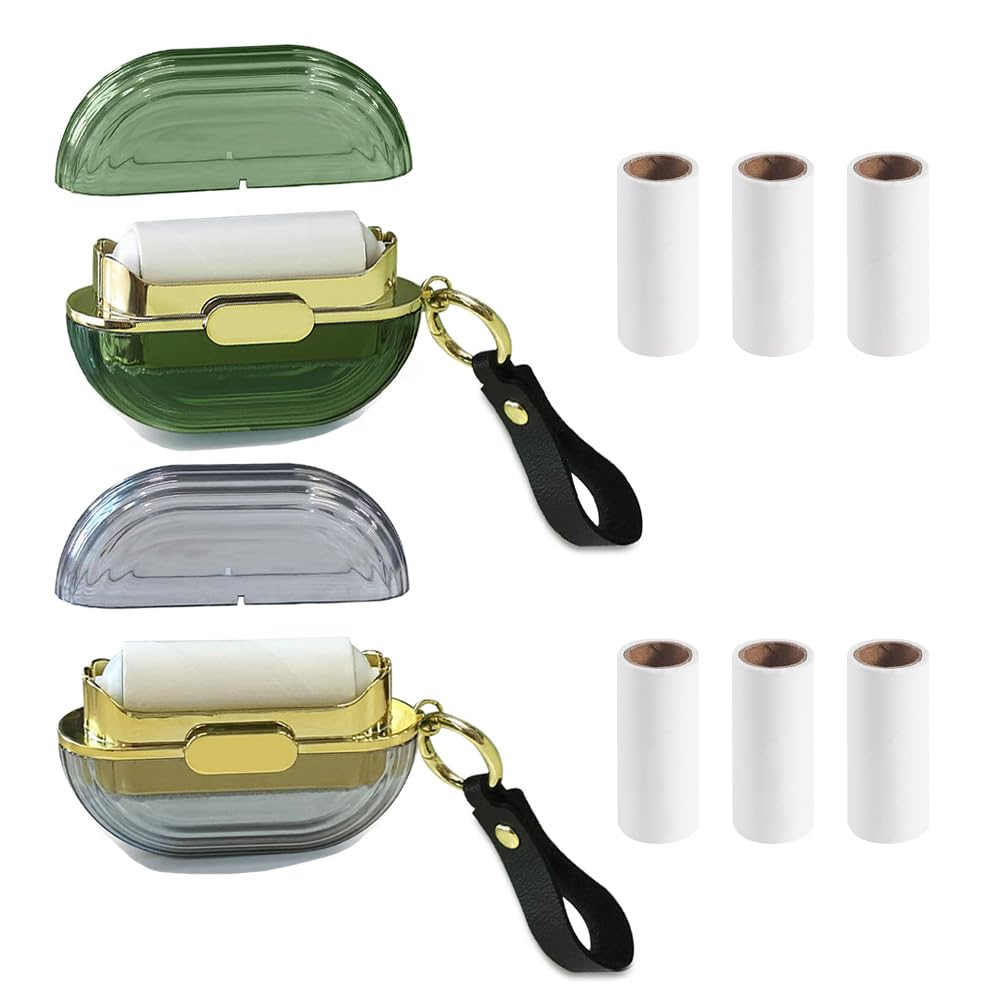 2 Pcs Double-Sided Lint Roller Portable Mini Pet Hair Remover Reusable Lint Remover Multifunctional Remover Roller with Hand Strap for Clothes Bag Dust Fuzz Fur with 6 Refills (Green and Grey)