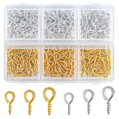 400pcs Small Screw Eye Pins,Eye Hooks Screws,Mini Eyelet Screws,Eyelets Screw Threaded Silver Clasps,Perfect for Jewelry Making,Crafts,Cork Top Bottles,DIY Making and Charm Bead Pieces(Gold,Sliver)
