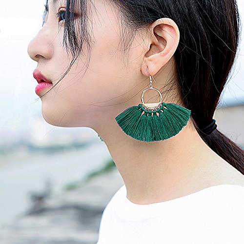 Suyi Women Tassel Earrings Bohemia Fan Shape Thread Tassel Statement Drop Dangle Earrings for Lady Dark Green