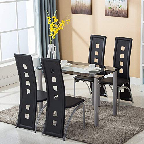 JOYBASE Dining Table Set, 5 Piece Glass Kitchen Table and Leather Chairs Furniture (Black)