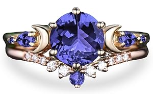 LELOUCHY 10K 14K 18K Rose Gold 2CT Gemstone Engagement Ring Set for Women 925 Sterling Silver 8mm Round Gemstone Triple Moon 