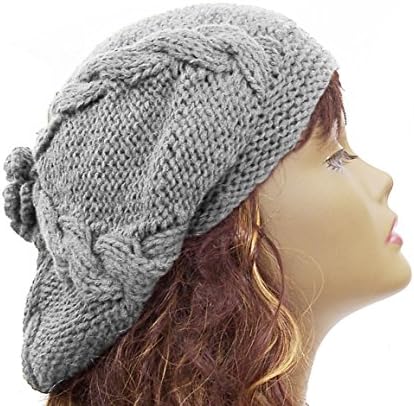Zefen Womens Hat Beret Knitted Beret Crochet Flower Slouchy Beanie cap Grey