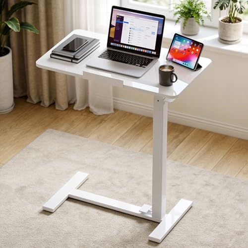 HAPPYMONT Adjustable Overbed Bedside Table with Hidden Wheels, Mobile Standing…