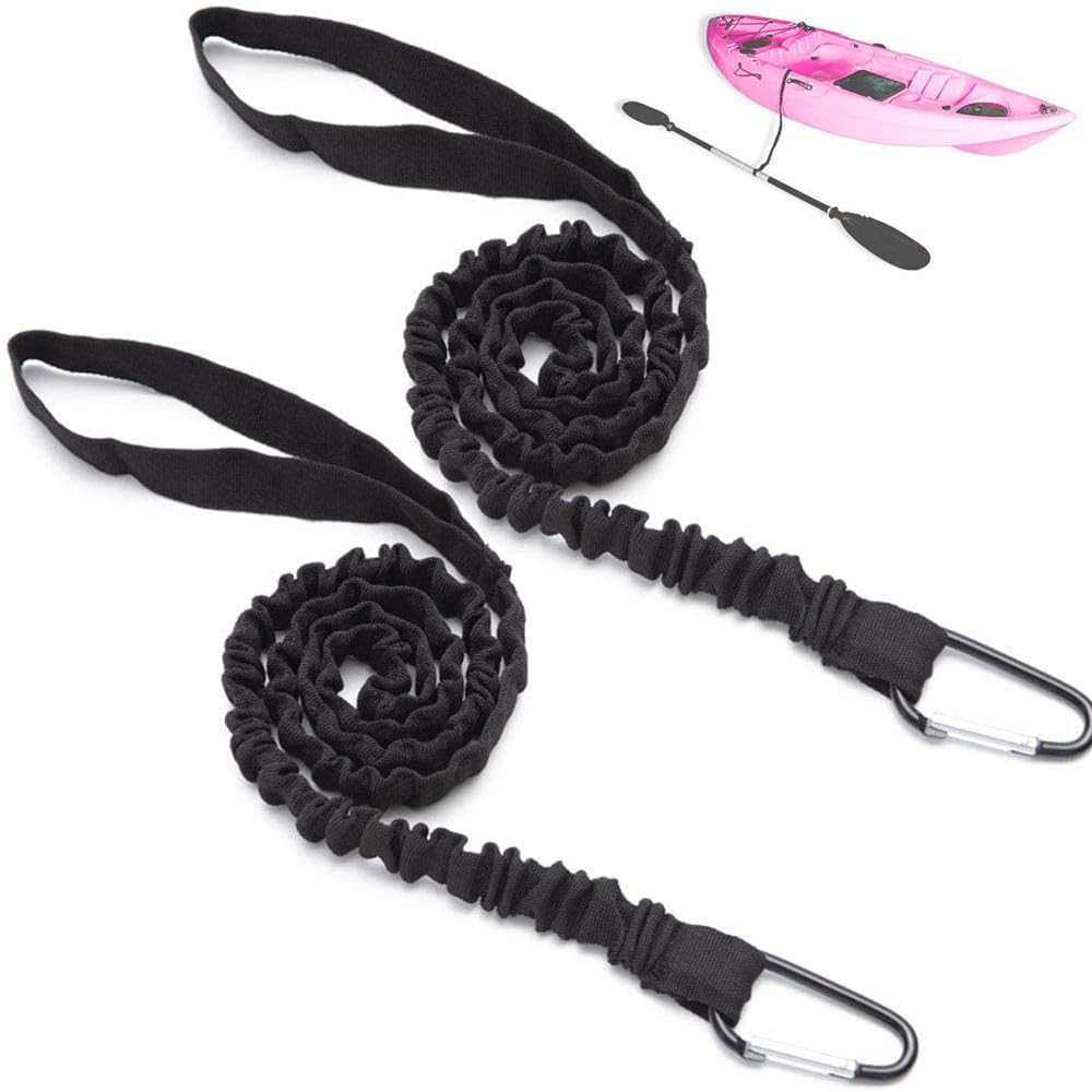 POFET 2PCS Stretchable Kayak Paddle Leash Tether with D-Shape Carabiner Bungee Leash Strap 1ft for Kayaking Canoe SUP Board Paddles, Surfboard, Fishing Poles Rods
