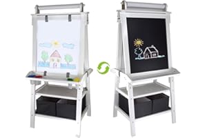 Little Partners® Deluxe Learn 'N Play Toddler Easel for Kids, Two-Sided Art Center with Chalkboard, Magnetic Dry Erase Whiteboard, Paper Feed, Storage Bins, Paint Containers (Soft White)