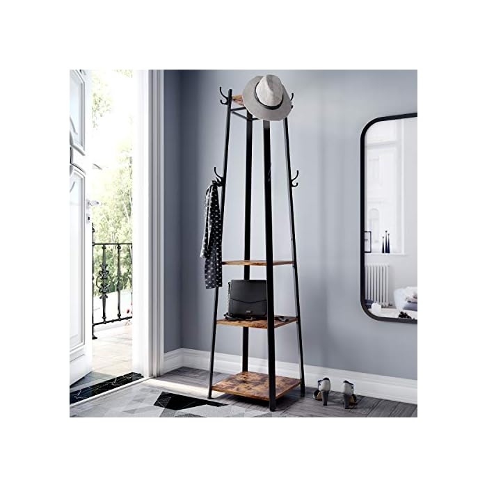 VASAGLE ALINRU Coat Rack with 3 Shelves, Stand with Hooks for Scarves