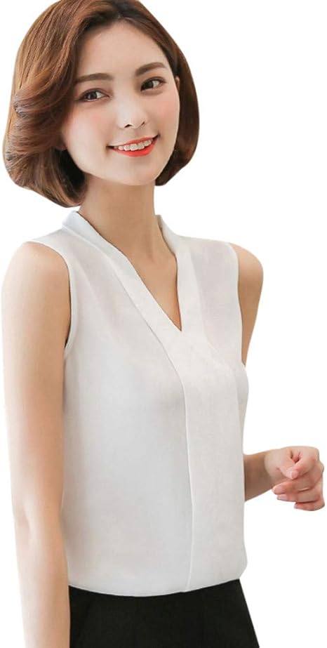 Amazon シャツ タンクトップ ノースリーブ 無地 Vネック ノースリーブシフォン タンクトップ シャツ キャミソール レディース ノースリーブvネックシフォントップ ホワイト 2xl 衿カバー オンライン通販