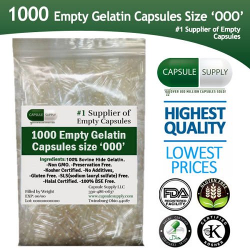 1000 EMPTY GELATIN GEL CAPSULES SIZE 000 l Halal/Kosher l Fits 800-1600 mg l Pharmaceutical grade! Capsulesupply