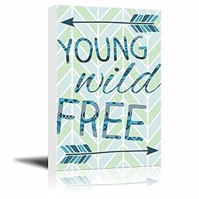 Young Wild Free with Arrows Typography on a Minty Green Chevron Background - Canvas Art Home Art - 12x18 inches