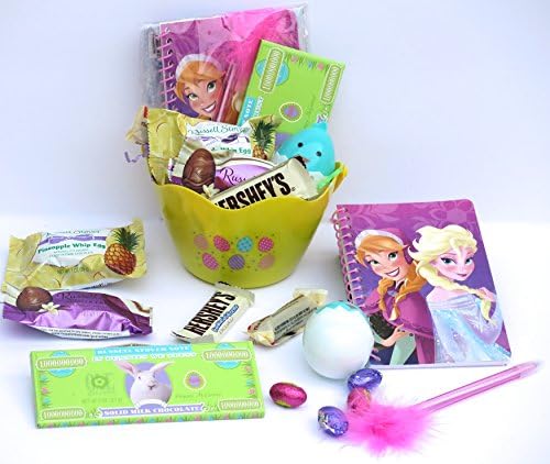 Girl's Frozen Easter basket, includes Frozen Nopad with pen, Easter chocolate money bras, and Easter chocolate candy.
