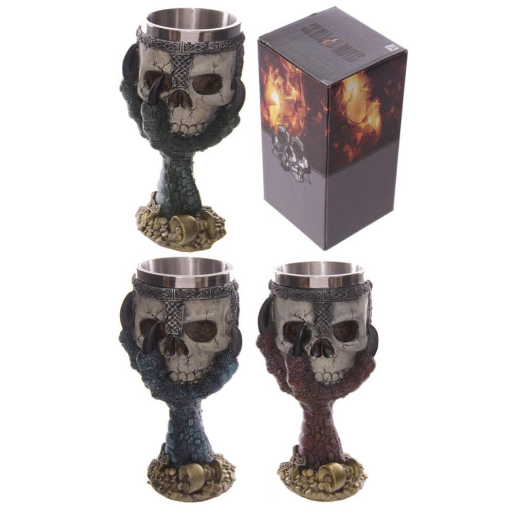 Puckator Decorative Dragons Claw and Warrior Skull Goblet - Skulls and Bones Themed - Home Decoration - Wine Goblet - Fantasy Decorative Home Accessories - Stainless Steel - Resin