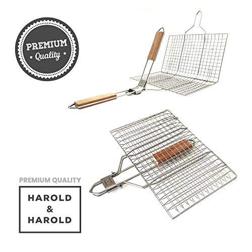 Harold & Harold BBQ Portable Grilling Basket Folding with Magnetic Grill Light and Removable Handle for Fish, Vegetables, Steak, Shrimp or Kabobs. Outdoor Grill Basket with Barbecue Grill Light